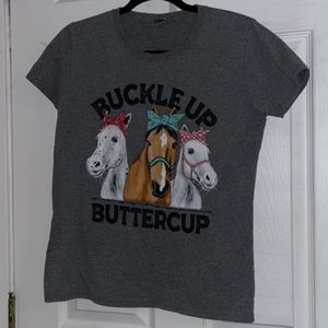 Woman’s Buckle Up Buttercup Horses T-Shirt